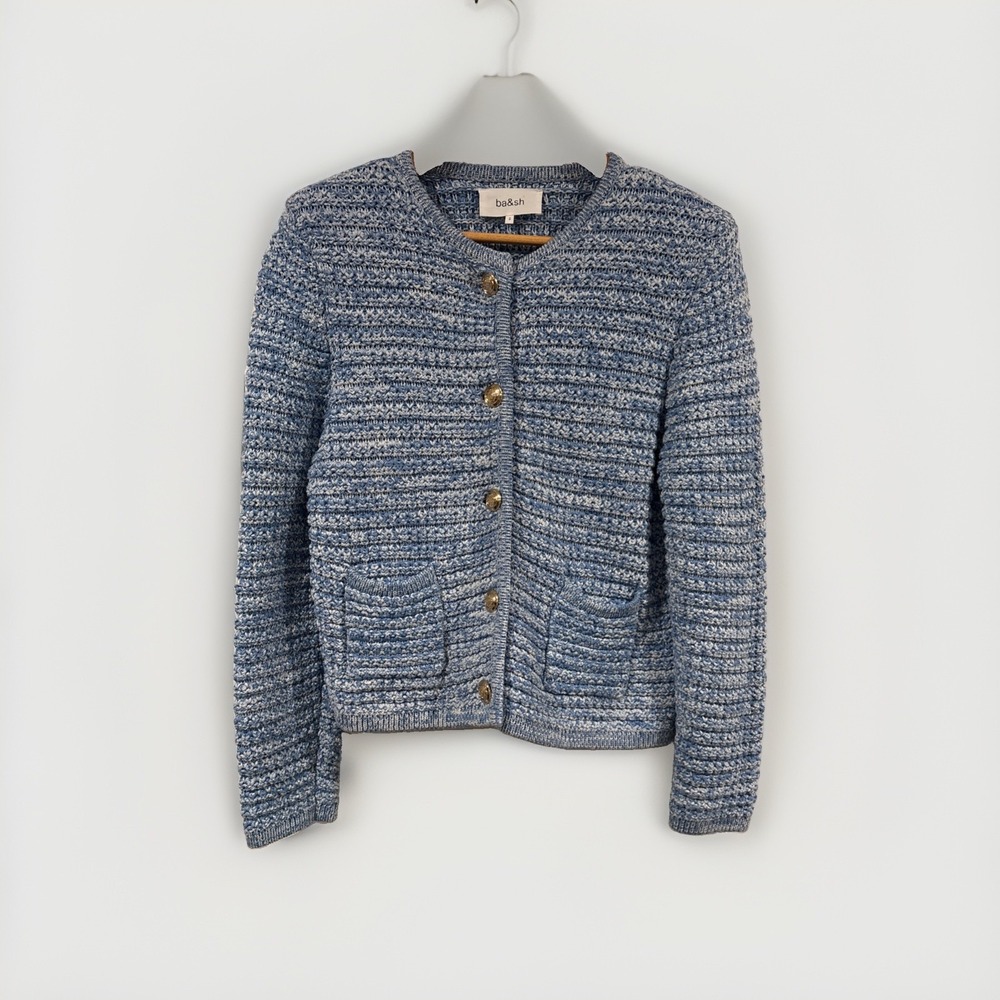 Ba&sh Guspa Cardigan Blue Tweed Knit Jacket Womens Size 2 US 6 Gold Crest Button - Picture 2 of 8